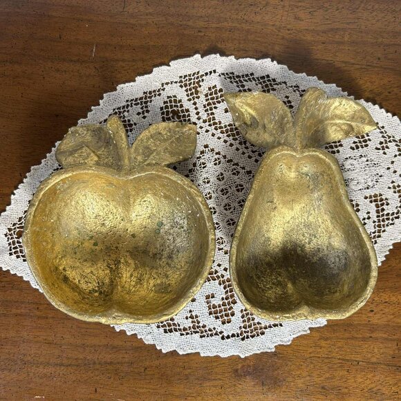 Italian gold leaf paper mache fruit trinket dish pair - Picture 1 of 10